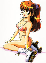Rule 34 | 1980s (style), 1girl, absurdres, ass, bikini, bracelet, breasts, brown hair, covered erect nipples, green eyes, highres, jewelry, long hair, looking at viewer, micro bikini, mon-mon (miyazaki kenjin), official art, retro artstyle, pink bikini, retro artstyle, roller skates, sideboob, skates, smile, solo, swimsuit, twintails