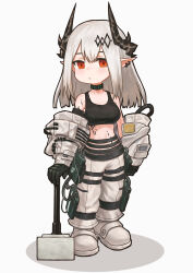 Rule 34 | 1girl, absurdres, arknights, black sports bra, blush, boots, breasts, chibi, detached sleeves, full body, geebee 79, grey background, hammer, highres, horns, infection monitor (arknights), long hair, looking at viewer, material growth, medium breasts, mudrock (arknights), mudrock (elite ii) (arknights), oripathy lesion (arknights), pants, parted lips, pointy ears, red eyes, simple background, solo, sports bra, standing, weapon