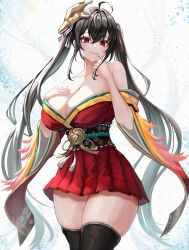 Rule 34 | 1girl, :3, ahoge, azur lane, black hair, black thighhighs, breasts, cleavage, dress, gradient background, hair between eyes, hair ornament, hand on own chest, highres, large breasts, long hair, long sleeves, looking at viewer, moppo, red dress, red eyes, sash, skindentation, smile, solo focus, strapless, strapless dress, taihou (azur lane), thick thighs, thighhighs, thighs, twintails, very long hair