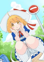 Rule 34 | ahoge, blonde hair, bloomers, blue dress, blush, bow, chestnut mouth, dress, eyelashes, frilled dress, frills, hands on own face, hat, hat bow, highres, kana anaberal, looking at viewer, open mouth, outdoors, red bow, red neckwear, road sign, shirt, short hair, short sleeves, sign, solo, tatutaniyuuto, touhou, touhou (pc-98), underwear, white hat, white legwear, white shirt, yellow eyes