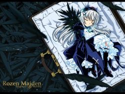 Rule 34 | 00s, 1girl, black wings, closed eyes, dress, feathers, hands on own chest, letterboxed, lolita fashion, long hair, rozen maiden, sleeping, solo, suigintou, wallpaper, white hair, wings