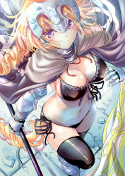 Rule 34 | 1girl, armor, bikini, black bikini, black thighhighs, blonde hair, breasts, cape, cleavage, commentary request, drill hair, fate/apocrypha, fate (series), from above, front-tie bikini top, front-tie top, gauntlets, headpiece, holding, holding polearm, holding spear, holding weapon, jeanne d&#039;arc (fate), jeanne d&#039;arc (ruler) (fate), large breasts, long hair, looking at viewer, navel, ogata tei, polearm, purple eyes, side-tie bikini bottom, smile, solo, spear, swimsuit, thighhighs, very long hair, weapon