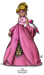 Rule 34 | 1girl, 2016, blonde hair, blue eyes, breasts, cleavage, cleavage cutout, clothing cutout, commentary, contrapposto, dark skin, dark-skinned female, dress, english commentary, fashion, full body, genderswap, genderswap (mtf), gown, hair ornament, hair rings, highres, ian samson, link, long dress, medium breasts, nintendo, pink dress, pointy ears, shawl, short hair, sleeveless, sleeveless dress, smile, solo, standing, the legend of zelda, updo, wand, white background