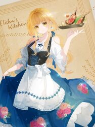 Rule 34 | 1girl, blonde hair, bow, bracelet, brown background, character name, dairoku ryouhei, dress, earrings, elisha paltier, floral dress, food, highres, holding, holding plate, jewelry, long hair, looking at viewer, meat, plate, rittz tw, very long hair, white bow, yellow eyes