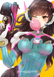 Rule 34 | 1girl, animal print, armor, blush, bodysuit, bracer, breasts, breasts apart, brown eyes, brown hair, blowing bubbles, character name, chewing gum, copyright name, cowboy shot, d.va (overwatch), dated, duplicate, enjelicious, facepaint, facial mark, finger on trigger, gloves, gun, hand up, handgun, headphones, high collar, highres, holding, holding gun, holding weapon, long hair, long sleeves, medium breasts, one eye closed, overwatch, overwatch 1, pauldrons, pilot suit, pixel-perfect duplicate, rabbit print, ribbed bodysuit, shoulder armor, shoulder pads, solo, turtleneck, watermark, weapon, web address, whisker markings, white gloves