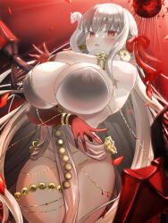 Rule 34 | 1girl, absurdres, armlet, bare shoulders, belly chain, blush, body markings, bracelet, breasts, cleavage, collarbone, colored skin, durga (fate), earrings, fate/grand order, fate (series), gradient skin, grey hair, hair ribbon, highres, hizakake, huge breasts, jewelry, long hair, looking at viewer, open mouth, pelvic curtain, red eyes, red skin, revealing clothes, ribbon, sash, snake, solo, thighs, thumb ring, very long hair, weapon, wide hips