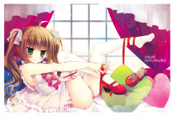 Rule 34 | 10s, 1girl, 2013, ahoge, bed, blush, brown hair, cameltoe, curtains, dated, dress, feet, frilled thighhighs, frills, green eyes, heart, heart-shaped pillow, hisama kumako, hyuga asahi, legs, legs up, lying, naughty face, on back, original, panties, pillow, pink panties, shoes, single shoe, sleeveless, soles, thighhighs, toes, underwear, white thighhighs, window
