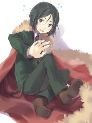 Rule 34 | 1boy, blush, brown footwear, cape, embarrassed, fate/grand order, fate (series), flying sweatdrops, formal, full body, fur-trimmed cape, fur trim, green eyes, green hair, green jacket, green pants, green suit, jacket, kujimaru, looking at viewer, male focus, necktie, open hand, open mouth, pants, red cape, short hair, simple background, solo, striped necktie, suit, waver velvet, wavy mouth, white background