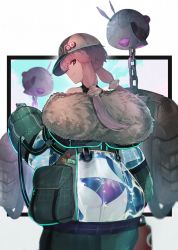 Rule 34 | 1girl, absurdres, alternate costume, armor, ass, backpack, bag, bare shoulders, baseball cap, bikini, bikini under clothes, cellphone, chain, closed mouth, coat, cowboy shot, floating, from behind, fur-trimmed coat, fur trim, green coat, hat, hat ornament, highres, hiiragi mikoto, holding, holding phone, long sleeves, looking at viewer, looking back, off shoulder, phone, pocket, power armor, puffy long sleeves, puffy sleeves, purple bikini, purple eyes, purple hair, see-through, short hair with long locks, sidelocks, smartphone, smile, solo, swimsuit, voiceroid, yuzuki yukari