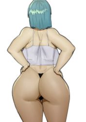 Rule 34 | 1girl, absurdres, alternate breast size, aqua hair, artist request, ass, ass focus, back, bare legs, bare shoulders, blue hair, breasts, bulma, butt crack, curvy, doublehero, dragon ball, dragonball z, hands on own hips, highres, huge ass, large breasts, long hair, medium hair, micro panties, no bra, panties, plump, shiny skin, side-tie panties, simple background, solo, standing, thong, underwear, upper body, white background