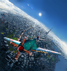 Rule 34 | 1girl, aircraft, airplane, brown hair, city, cityscape, cloud, cover, cover page, from above, highres, horizon, nogami takeshi, original, scenery, shidenkai no maki, sky, solo, tokyo (city), tokyo skytree, tokyo tower, tower, vehicle focus