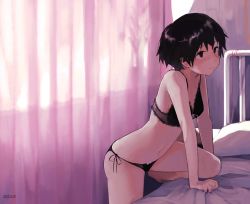 Rule 34 | 1girl, air kon, bare arms, bare shoulders, bed, black bra, black eyes, black hair, black panties, bra, breasts, closed mouth, commentary, curtains, dated, english commentary, freckles, from side, highres, indoors, original, panties, pillow, pink theme, short hair, side-tie panties, small breasts, solo, string, string of fate, underwear, underwear only