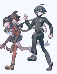 Rule 34 | 1boy, 2girls, :d, ahoge, black footwear, black hair, black headwear, black jacket, black pants, black sailor collar, black skirt, brown footwear, brown pantyhose, buttons, carrying, clenched hand, danganronpa (series), danganronpa v3: killing harmony, full body, hair ornament, hairclip, harukawa maki, hat, highres, jacket, long hair, long sleeves, looking to the side, low twintails, miniskirt, mole, mole under eye, multiple girls, open mouth, pants, pantyhose, piggyback, pleated skirt, red eyes, red scrunchie, red shirt, red thighhighs, saihara shuichi, sailor collar, scrunchie, shirt, short hair, simple background, skirt, smile, thighhighs, twintails, visket53, white background, witch hat, yumeno himiko
