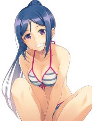 Rule 34 | 1girl, between legs, bikini, blue hair, breasts, cleavage, front-tie bikini top, front-tie top, grin, halterneck, hand between legs, highres, long hair, looking at viewer, love live!, love live! sunshine!!, matsuura kanan, medium breasts, nanotsuki, ponytail, purple eyes, sidelocks, simple background, smile, solo, striped bikini, striped clothes, swimsuit, white background