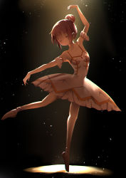 Rule 34 | 1girl, arm up, ballerina, ballet slippers, bubble skirt, closed eyes, closed mouth, dancing, dress, frilled sleeves, frills, hair bun, hair up, highres, kaname madoka, leaning to the side, light particles, mahou shoujo madoka magica, mahou shoujo madoka magica: concept movie, pink dress, pink hair, rikopin, short dress, short hair, short sleeves, single hair bun, skirt, solo, spotlight, standing, standing on one leg