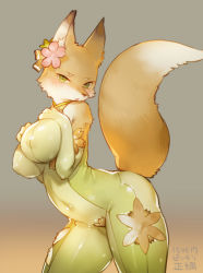 Rule 34 | 1girl, animal ears, arched back, blush, bodysuit, breasts, covered erect nipples, cowboy shot, elbow gloves, flower, fox ears, fox tail, furry, furry female, gloves, gradient background, green eyes, hair flower, hair ornament, hands on own chest, large breasts, looking at viewer, okabe masatsuna, open mouth, original, sengoku bushouki muramasa, shiny clothes, slit pupils, solo, tail, zhuzi