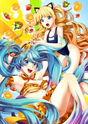 Rule 34 | 2girls, armpits, arms up, bad id, bad pixiv id, bikini, bikini skirt, blonde hair, blue eyes, blue hair, fang, food, frilled bikini, frills, fruit, hair ribbon, hatsune miku, highres, iso1206, long hair, multiple girls, one-piece swimsuit, open mouth, orange (fruit), ribbon, seeu, strawberry, striped bikini, striped clothes, swimsuit, twintails, two side up, very long hair, vocaloid