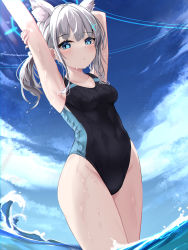 Rule 34 | 1girl, absurdres, animal ear fluff, animal ears, arm behind head, arm up, armpits, black one-piece swimsuit, blue archive, blue eyes, blue sky, cloud, competition swimsuit, covered navel, cowboy shot, cross hair ornament, extra ears, grey hair, hair ornament, halo, highres, medium hair, mismatched pupils, multicolored clothes, multicolored swimsuit, nekodama2000, one-piece swimsuit, presenting armpit, shiroko (blue archive), shiroko (swimsuit) (blue archive), sky, solo, swimsuit, thighs, water