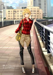 Rule 34 | 10s, 1girl, bag, blonde hair, bridge, building, character name, chef no kimagure salad, closed mouth, cloud, cloudy sky, collared shirt, cross-laced footwear, day, dress shirt, eyelashes, fashion, full body, green eyes, hand up, highres, idolmaster, idolmaster cinderella girls, lace-up heels, lamppost, legs apart, looking at viewer, miyamoto frederica, no socks, outdoors, over shoulder, pants, plaid, plaid shirt, railing, real world location, red shirt, shirt, short hair, shoulder bag, sky, smile, solo, standing, text focus, translation request