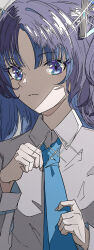Rule 34 | 1girl, absurdres, adjusting clothes, adjusting necktie, blue archive, blue necktie, closed mouth, collared shirt, commission, dress shirt, grey background, hands up, highres, long hair, long sleeves, looking at viewer, natsugu72, necktie, purple eyes, purple hair, shirt, solo, sparkle, upper body, white shirt, yuuka (blue archive)