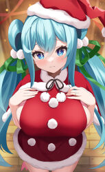 Rule 34 | 1girl, absurdres, aqua eyes, aqua hair, blush, bow, breasts, capelet, dress, elegant (sumisumi4268), flower knight girl, fur-trimmed capelet, fur-trimmed dress, fur-trimmed headwear, fur trim, hair bow, hands on own chest, hat, highres, huge breasts, isogiku (flower knight girl), long hair, looking at viewer, mole, mole under eye, red capelet, red hat, santa costume, santa hat, sideboob, smile, solo, twintails