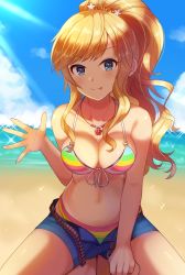 Rule 34 | backlighting, beach, belt, bikini, bikini under clothes, blonde hair, blue eyes, blue shorts, breasts, cleavage, collarbone, day, denim, denim shorts, front-tie bikini top, front-tie top, halterneck, hand on own thigh, idolmaster, idolmaster cinderella girls, jewelry, looking at viewer, medium breasts, navel, necklace, o-ring, o-ring bikini, ocean, ohtsuki yui, open belt, open fly, outdoors, ponytail, short shorts, shorts, sky, solo, sparkle, spread legs, squatting, string bikini, striped bikini, striped clothes, swept bangs, swimsuit, thighs, tongue, tongue out, unbuckled, unbuttoned, unfastened, unzipped, waving, wavy hair, z.nov, zipper, zipper pull tab