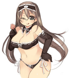 Rule 34 | 1girl, breasts, cleavage, condom, elbow gloves, glasses, gloves, kashiwamochi yomogi, large breasts, lingerie, long hair, one eye closed, panties, solo, tongue, underwear, wink
