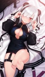 Rule 34 | 1girl, absurdres, animal ears, arknights, black dress, black footwear, black hair, blush, boots, breasts, china dress, chinese clothes, cleavage, cleavage cutout, clothing cutout, dress, feater (arknights), hair over one eye, hands up, highres, jacket, large breasts, long hair, long sleeves, looking at viewer, lying, multicolored hair, narynn, on back, panda ears, smile, solo, thick eyebrows, thigh strap, thighs