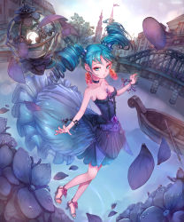 Rule 34 | 1girl, aqua eyes, aqua hair, bare shoulders, boat, breasts, bridge, choker, cleavage, collarbone, curly hair, dawkinsia, dress, drill hair, earrings, expressionless, flower, glass, high heels, highres, jewelry, lantern, lips, looking at viewer, lots of jewelry, medium breasts, original, parted lips, petals, plant, pointy ears, pond, river, sandals, solo, strapless, strapless dress, toes, tree, tsurime, twintails, water, watercraft, wind