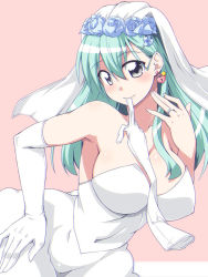 Rule 34 | 10s, 1girl, aqua hair, blush, breasts, dress, earrings, elbow gloves, gloves, grey eyes, hair ornament, hairclip, heart, heart-shaped lock, heart earrings, huge breasts, jewelry, kantai collection, lock, lock earrings, long hair, looking at viewer, mikagami sou, mouth hold, ring, smile, solo, suzuya (kancolle), veil, wedding band, wedding dress, wedding ring