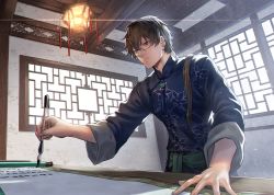 Rule 34 | 1boy, architecture, brown hair, calligraphy, calligraphy brush, chinese clothes, closed mouth, ear piercing, east asian architecture, glasses, hair between eyes, highres, holding, holding brush, ink, mugetsu2501, original, paintbrush, piercing, scroll, semi-rimless eyewear, short hair, table, wide sleeves, window, writing