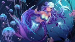 Rule 34 | 1girl, air bubble, artist name, blue eyes, blue hair, blue nails, blurry, blurry foreground, blush, breasts, bubble, cleavage, commentary, commission, coral, depth of field, english commentary, fingernails, gradient hair, hair between eyes, hair bun, hyanna-natsu, jellyfish, long fingernails, looking at viewer, medium breasts, mermaid, monster girl, multicolored hair, nail polish, navel, original, outdoors, parted lips, purple hair, scales, sharp fingernails, side bun, smile, solo, underwater, water, watermark