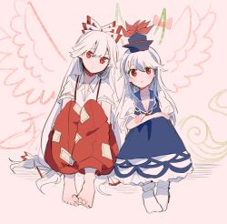 Rule 34 | 2girls, barefoot, blue dress, blue hair, blue headwear, bow, breasts, cleavage, drawn horns, drawn tail, drawn wings, dress, ex-keine, hair bow, hat, itomugi-kun, kamishirasawa keine, long hair, looking at viewer, multicolored hair, multiple girls, no shoes, pants, red bow, red eyes, red pants, shirt, short sleeves, sitting, socks, suspenders, torn clothes, torn sleeves, touhou, two-tone hair, very long hair, white bow, white hair, white legwear, white shirt