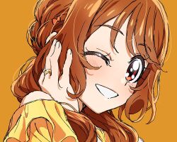 Rule 34 | 1girl, brown hair, delicious party precure, grin, hair down, hanamichi ran, highres, jewelry, long hair, off-shoulder shirt, off shoulder, one eye closed, orange background, precure, red eyes, ring, shirt, smile, solo, yufu kyouko