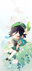 Rule 34 | 1boy, absurdres, androgynous, beret, black hair, blue hair, blush, bow, braid, brooch, cape, chibi, closed eyes, closed mouth, collared cape, collared shirt, commentary request, corset, dated, feathers, flower, flower (symbol), frilled sleeves, frills, gem, genshin impact, gradient hair, green hat, green shorts, hat, hat flower, heart, highres, jewelry, leaf, letter, lonely nine, long sleeves, mail, male focus, multicolored hair, pantyhose, shirt, shoes, short hair with long locks, shorts, simple background, smile, solo, twin braids, venti (genshin impact), vision (genshin impact), white flower, white pantyhose, white shirt