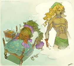 Rule 34 | 1boy, 1girl, bed, blonde hair, blush, candle, candlestand, crown, deku link, deku princess, dreaming, gloves, green hair, hat, long hair, muscular, muscular male, nightstand, nintendo, sleeping, slippers, smile, the legend of zelda, the legend of zelda: majora&#039;s mask, thought bubble, whitefoxcub, yellow eyes