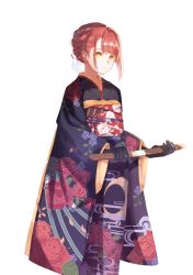 Rule 34 | 1girl, absurdres, bad id, bad pixiv id, black gloves, braid, brown hair, floral print, gloves, highres, holding, holding knife, japanese clothes, kimono, knife, kodachi, looking at viewer, original, print kimono, sheath, short hair, short sword, simple background, smile, solo, standing, stoolpower, sword, weapon, white background, yellow eyes