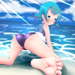 Rule 34 | 10s, 1girl, :o, alternate color, arm support, ass, bare shoulders, barefoot, blue eyes, blue hair, blue sky, blunt bangs, blush, cameltoe, cleft of venus, cloud, creatures (company), day, ether core, feet, female focus, from behind, game freak, hairband, highres, lana (pokemon), looking at viewer, looking back, matching hair/eyes, nintendo, one-piece swimsuit, outdoors, pokemon, pokemon sm, shiny skin, short hair, sky, solo, swimsuit, swimsuit under clothes, toes, water