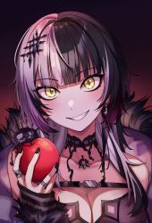Rule 34 | 1girl, absurdres, apple, black coat, black hair, breasts, chest belt, choker, cleavage, coat, fang, food, fruit, fur-trimmed coat, fur trim, glowing, glowing eyes, grey hair, grin, hair ornament, highres, holding, holding food, holding fruit, hololive, hololive english, looking at viewer, medium breasts, multicolored hair, open mouth, portrait, rakku (rkrmz0n), red background, shiori novella, shiori novella (1st costume), simple background, smile, solo, split-color hair, two side up, upper body, virtual youtuber, yellow eyes, yorick (shiori novella)
