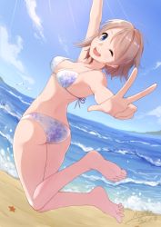 Rule 34 | 1girl, :d, arm up, ass, bare arms, bare legs, barefoot, bench, bikini, bird, blue eyes, blue sky, breasts, cleavage, cloud, cowlick, dated, female focus, halterneck, haruna miyabi, highres, jumping, light brown hair, looking at viewer, looking back, love live!, love live! sunshine!!, medium breasts, ocean, one eye closed, open mouth, sand, seagull, short hair, signature, sky, smile, soles, solo, starfish, sunlight, swimsuit, teeth, upper teeth only, v, watanabe you, water, white bikini