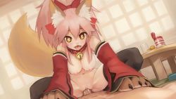 Rule 34 | 10s, 1boy, 1girl, animal ear fluff, animal ears, bell, black thighhighs, bow, breasts, collar, cowgirl position, detached sleeves, dutch angle, erection, fang, fate/extra, fate/extra ccc, fate (series), food, fox ears, fox tail, fruit, furry, girl on top, glass, hair between eyes, hair bow, hanging breasts, heart, heart-shaped pupils, hetero, high ponytail, highres, jingle bell, leaning forward, long hair, long sleeves, looking at viewer, lying, mandarin orange, medium breasts, neck bell, nipples, nude, on back, on floor, open mouth, paintrfiend, penis, pink eyes, pink hair, pov, pussy, red bow, sex, spread legs, straddling, symbol-shaped pupils, table, tail, tamamo (fate), tamamo cat (fate), tamamo cat (first ascension) (fate), thighhighs, tongue, tongue out, uncensored, vaginal, yellow eyes