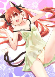 Rule 34 | 1girl, ;d, alternate hairstyle, animal ears, bare shoulders, bow, bow panties, braid, cat ears, cat girl, cat tail, eretto, extra ears, fang, female focus, hair bow, kaenbyou rin, lingerie, long hair, multiple tails, negligee, nekomata, one eye closed, open mouth, panties, paw print, print panties, red eyes, red hair, short hair, smile, solo, strap slip, tail, touhou, twin braids, twintails, underwear