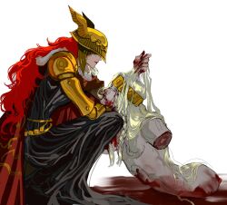 Rule 34 | 1boy, 1girl, amputee, blood, blood from mouth, blood on face, blood on ground, blood on hands, crown, domination, elden ring, godrick the grafted, grabbing another&#039;s hair, guro, helmet, highres, light smile, long hair, malenia blade of miquella, nude, prosthesis, prosthetic arm, quadruple amputee, raylia0808, red hair, simple background, squatting, triple amputee, white background, white hair, winged helmet