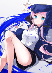 Rule 34 | 1girl, absurdres, arknights, arm above head, arm over head, artist name, ass, black collar, black ribbon, black shorts, blue eyes, blue jacket, blue poison (arknights), blush, breasts, bright pupils, collar, collared shirt, feet out of frame, highres, hood, hooded jacket, jacket, knee up, long hair, long sleeves, looking at viewer, lying, medium breasts, on back, open clothes, open collar, open jacket, paint, paint on clothes, parted lips, pink hair, ribbon, shirt, shorts, signature, sleeve garter, solo, twintails, white pupils, white shirt, yonagi white