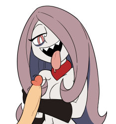 Rule 34 | 1boy, 1girl, breasts, hair over one eye, highres, little witch academia, miscon, nude, one eye covered, open mouth, penis, pink eyes, purple hair, sharp teeth, sucy manbavaran, teeth, tongue, tongue out, uncensored