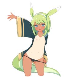 Rule 34 | + +, 1girl, :d, animal ears, arm up, black panties, blue eyes, blush, breasts, bright pupils, collarbone, cowboy shot, cropped legs, done (donezumi), fang, green hair, hairband, highres, large tail, leaning to the side, navel, nipples, one-piece tan, open clothes, open mouth, original, panties, panty pull, simple background, small breasts, smile, solo, tail, tan, tanline, underwear, v-shaped eyebrows, white background, wide hips, wide sleeves