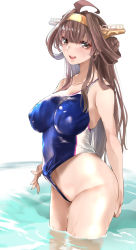 Rule 34 | 1girl, ahoge, alternate costume, blush, breasts, brown hair, clothes pull, competition swimsuit, double bun, frontal wedgie, grey eyes, hair between eyes, hair bun, headgear, highres, kantai collection, kongou (kancolle), large breasts, long hair, looking at viewer, one-piece swimsuit, one-piece swimsuit pull, parted lips, sidelocks, simple background, solo, swimsuit, tororo ten, wading, water, wedgie, wet, white background