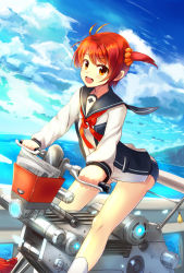 Rule 34 | 1girl, :d, absurdres, basket, cliff, cloud, day, highres, hover bike, isshiki akane, long sleeves, looking at viewer, motor vehicle, motorcycle, ocean, open mouth, outdoors, railing, red hair, riding, sakura ani, school uniform, short shorts, shorts, skindentation, sky, smile, solo, vehicle, vividred operation, water