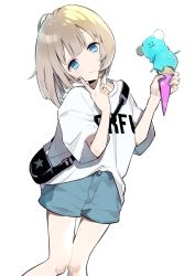 Rule 34 | 1girl, baggy clothes, blonde hair, blue eyes, blue shorts, clothes writing, cowboy shot, food, head tilt, highres, holding, holding food, ice cream, idolmaster, idolmaster shiny colors, knees together feet apart, looking at viewer, omucchan (omutyuan), pouch, serizawa asahi, shirt, short hair, shorts, simple background, smile, solo, standing, v, white background, white shirt