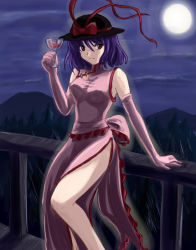 Rule 34 | 1girl, alcohol, china dress, chinese clothes, dress, elbow gloves, female focus, flx, gloves, hat, moon, nagae iku, purple hair, red eyes, ribbon, short hair, solo, touhou, wine